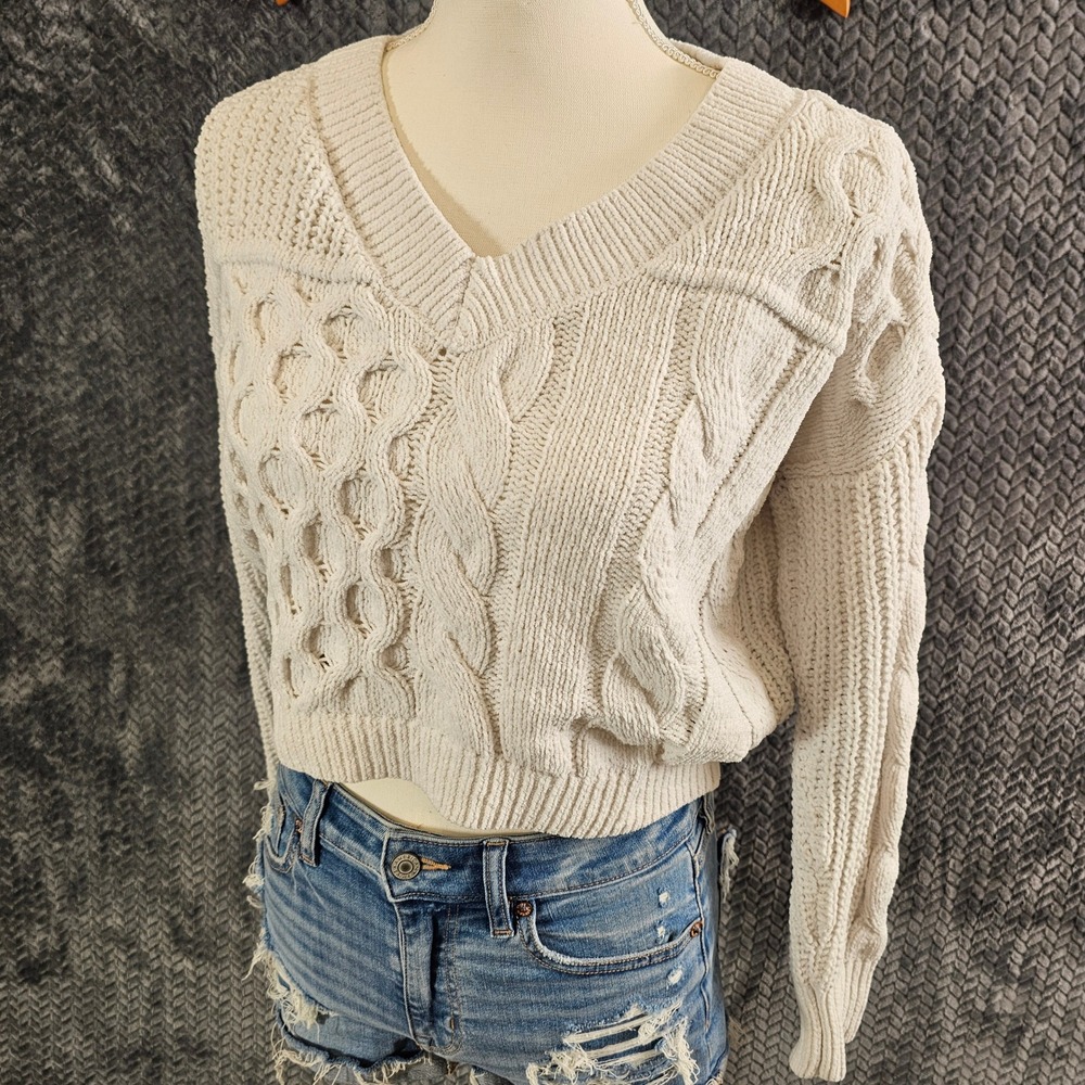 Cream Mixed Cable Knit V-Neck Cropped Sweater Off-White Patchwork Relaxed Fit‎